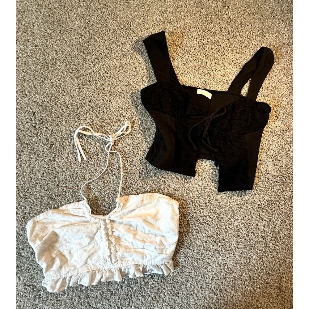 Lot of 2 Women's‎ Crop Tops Size Large Black Corset Lace & White Ruffle Festival